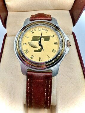 CSI Swiss Quartz Analog Watch Gold Dial Roman Numerals Brown Leather 38.1mm